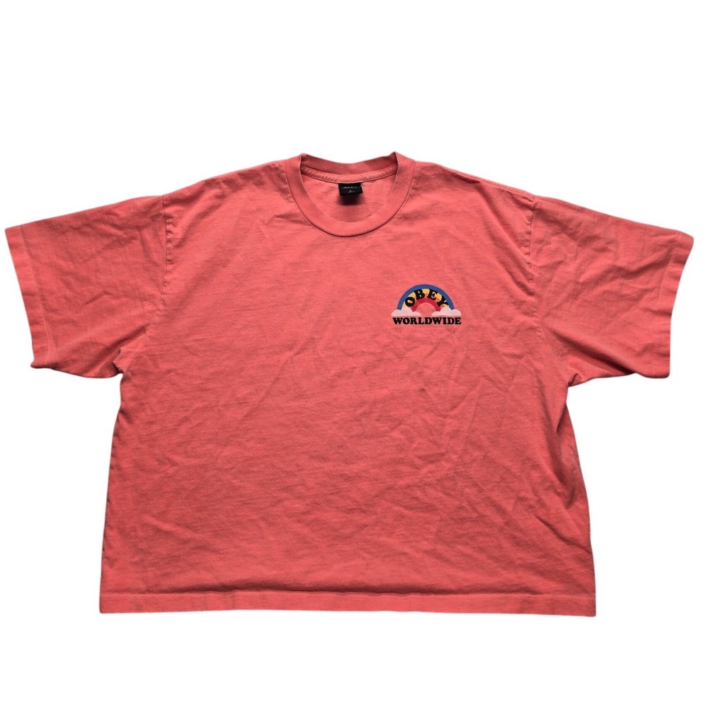 Obey Worldwide Graphic Boxy Cropped T-Shirt Pink Rainbow Look Dont Touch‎ Large